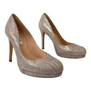 L.K. Bennett 37.5 US 7 Sledge Metallic Silver Print Leather Closed Toe Pumps New